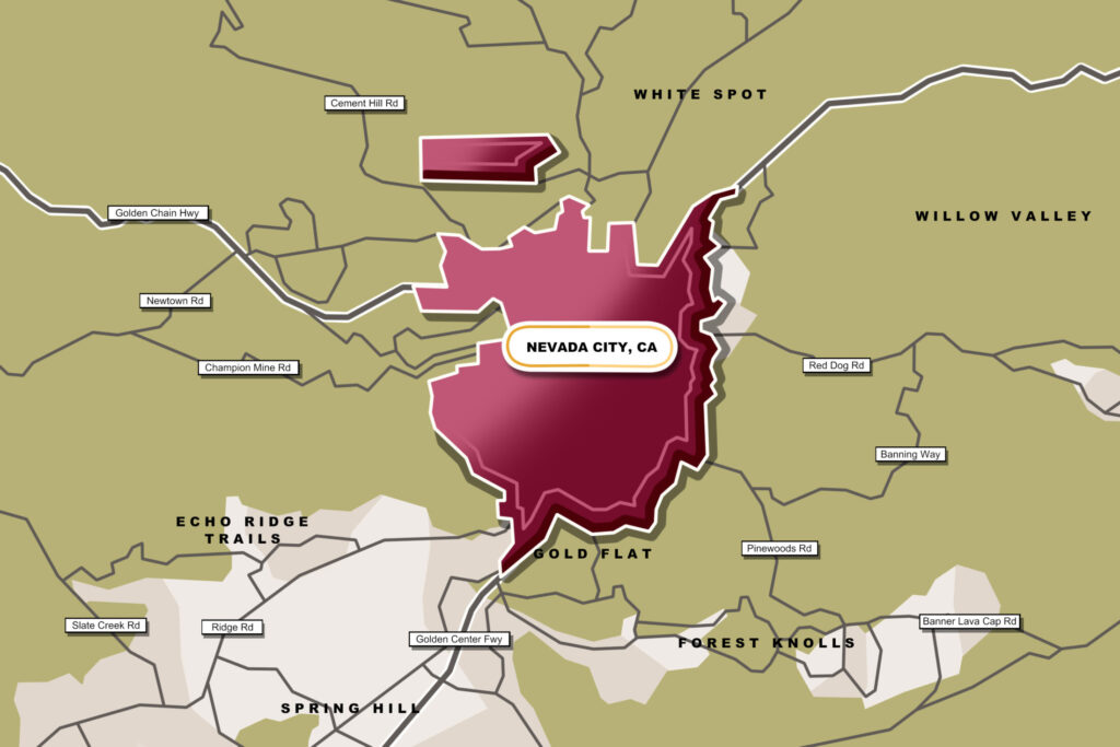 a drawn out map of Nevada City, CA